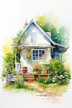 建筑铅笔绿植房屋花园水彩画插画