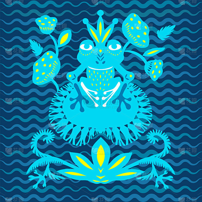 黄蓝青蛙，头顶王冠，池塘里有百合花和叶子...