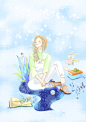 清新少女插画、书、星球、雪