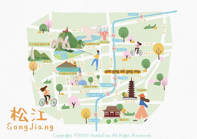 手绘松江游玩轻地图插画