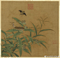 【 南宋 李迪 《秋卉草虫》 】册页，绢本设色，台北故宫博物院藏。 本幅选自《宋元集绘》册。碧叶翠瓣，鹅黄花蕊，洁白根须，楚楚可人。图中极其准确地勾勒晕染了一丛鸭跖草，翠蝴蝶般的双翅小花有四朵，是画面中唯一的花卉。如此将鸭跖草当作画幅主角，在传统绘画中的确少见。
       草虫在中国绘画的审美体系中，显示着独特的魅力，“花竹禽鸟”在宋代已经表现出了超于前代的成就。特别是到了宋元之后，许多擅长花卉的画家都工草虫，因为草虫能给春花秋卉以生意。