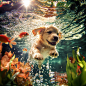 A playful Golden Retriever puppy swimming underwater, surrounded by colorful fish and vibrant aquatic plants, captured from an underwater camera perspective. Sunlight filters through the surface, creating a dappled light effect. Bubbles rise around the pu