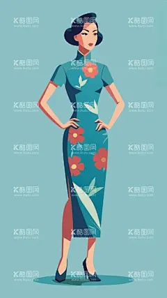 穿牵牛花花纹的国风旗袍美女  - 源文件下载【酷图网】牵牛花,牵牛花花纹,牵牛花旗袍,矢量牵牛花,旗袍,矢量图,插图,海报,广告素材,花草