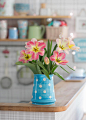 Tulips in polka dotted pitcher