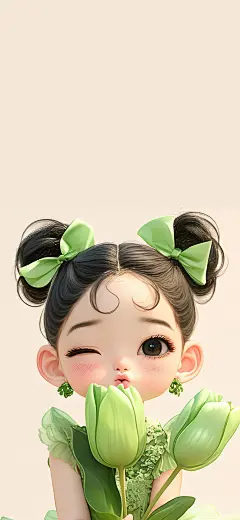 绿色小清新甜美郁金香嘟嘴女孩 可爱3D少女壁纸