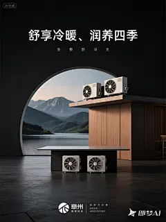 jimeng-2025-09-08-2034-石墨灰双风扇中央空调海报，远山湖泊大场景，机器下面有台面，在画面中间，背景深黑色