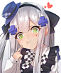 1girl :t apron bangs black_apron black_bow black_hairband blue_headwear blush bow checkered checkered_bow closed_mouth commentary eyebrows_visible_through_hair facial_mark finger_to_cheek frilled_apron frills girls_frontline gradient gradient_background g