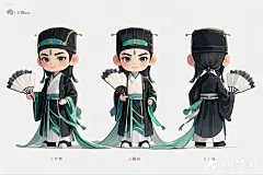 生成ip形象设计 手绘 Q版 手绘 插画 矢量 漫画  背景简单 细节丰富  三视图 正视图 侧视图 后视图 主体是诸葛亮 手里拿着羽毛扇 穿着古风的衣服 容貌俊美,面白如玉,唇红齿白,五 (6)