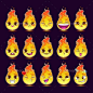 Funny cartoon fire character with different emotions, vector icons
