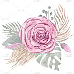 水彩插画的波西米亚束热带叶子，花玫瑰插花婚礼设计