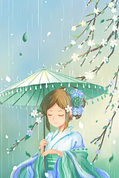 雨中赏梅女子插画