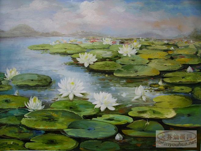 荷花画油画画师100手绘油画专业油画定制与油画批发