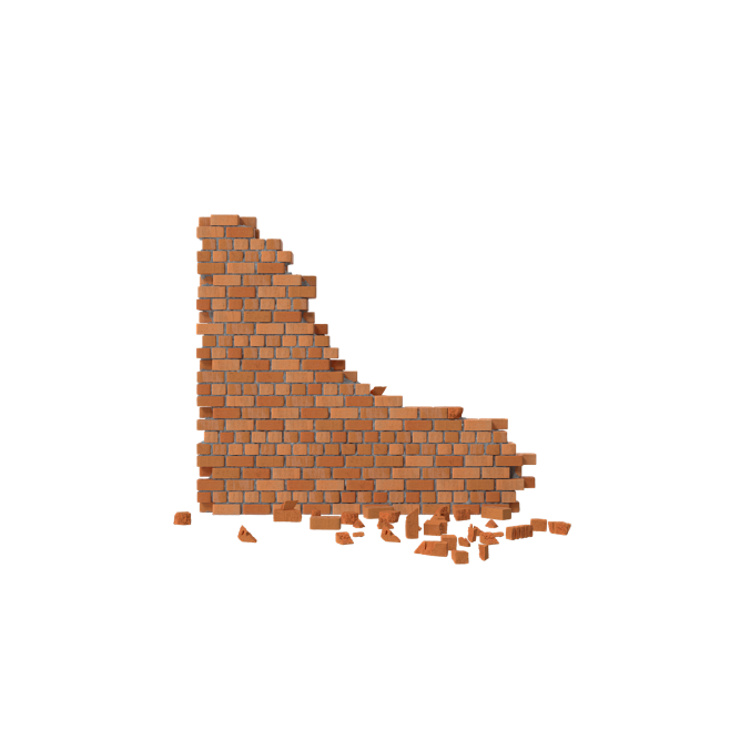 Brick wall section with debris