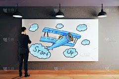 男商人,新创企业,看,草图,绘画插图,商务策略,水平画幅,套装,灯,现代