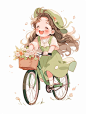 midjourney 骑车的女孩(附关键词)A cute little girl in a green dress riding a bicycle with a flowers basket, in the chibi style, as an anime character illustration, on a white background, as a full body portrait, with a pastel color theme, soft lighting, digital art