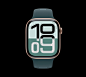 玫瑰金色铝金属外观 Apple Watch Series 10 的正面视图。