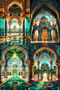 The magnificent mosque in the desert is decorated with Islamic patterns, with the theme of Eid al Adha, bright colors, luxurious design style, green atmosphere, high resolution, high detail, clear focus, and high contrast