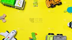 玩具在黄色背景与文本横幅空间。Copyspace。为玩具和儿童用品商店
