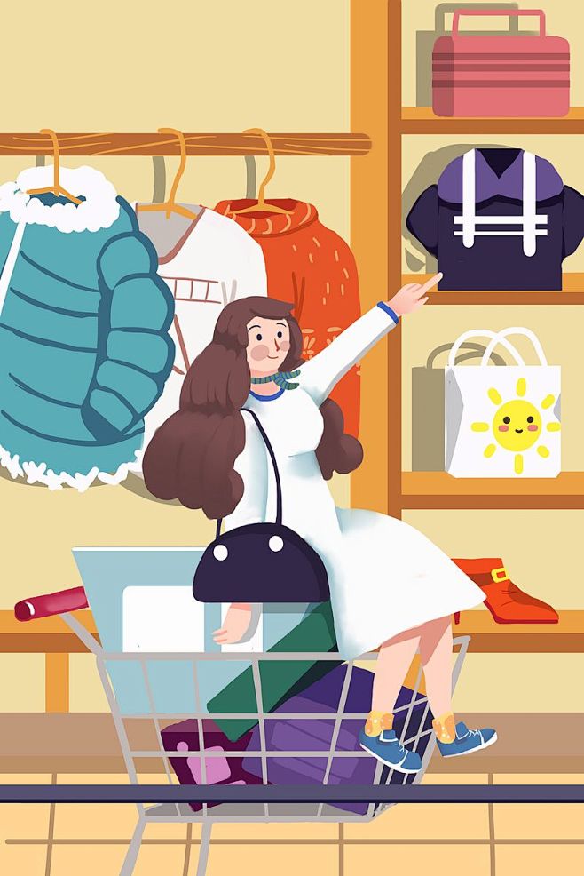 寒假假期生活方式少女逛街购物衣服衣店插画