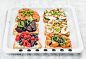 Sweet and savory breakfast toasts variety. Sandwiches with fruit, vegetables, eggs, smoked salmon...