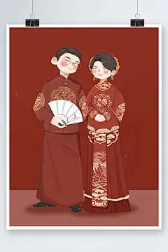 中式喜服情侣婚纱照婚礼人物插画-众图网