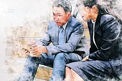 抽象年轻的商业合作伙伴和讨论为工作的水彩插画绘画背景。