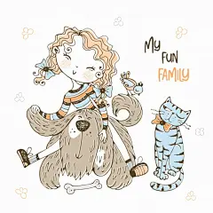 和猫猫狗狗在一起的小女孩，手绘小清新T恤印花插画矢量图设计素材