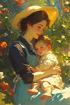 母子拥抱母亲节油画风插画