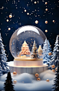 A christmas globe is suspended over a snow fake 3d tree, in the style of dreamy and romantic compositions, snow scenes