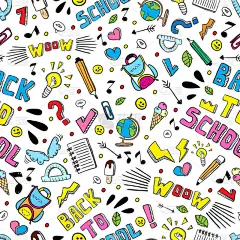 回到学校搞笑矢量无缝模式。黑色和白色学校用品和孤立的创意元素。涂鸦风格的艺术品。东可编辑模板为您的设