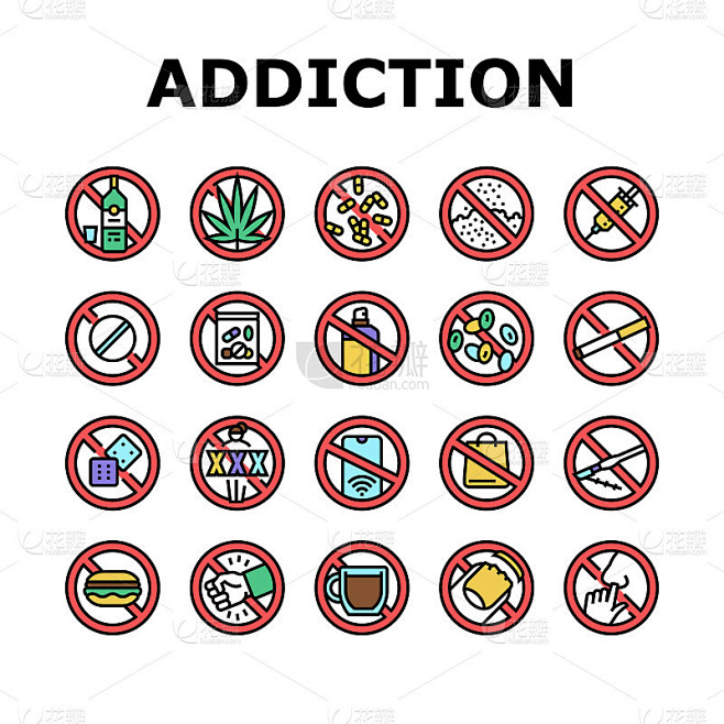 成瘾物质依赖图标设置向量