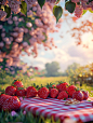 an realistic photo of room have a picnic plaid, strawberries in park, pink background, ultra realistic, photorealistic, ultra detailed , depth of field, white lightning, 8k