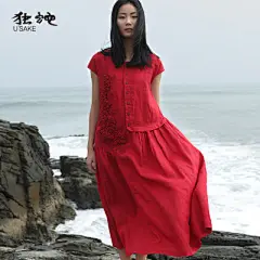 独蛇2015夏新款文艺风复古手工刺绣棉麻高端连衣裙假两件批发0022