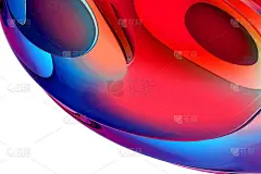 3d背景与部分超现实的球或球在曲线圆形波浪的生物有机花卉线条形成的液体玻璃材料绘制在红、紫、蓝梯度颜