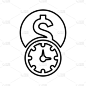 金融，金钱，美元，时钟线图标。轮廓向量。
