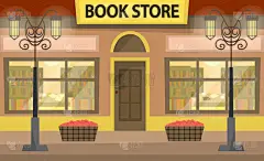 书店的院子里。 书架上有很多书。 文学商店。 平淡的风格。 矢量说明