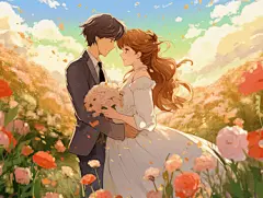 情侣婚纱唯美浪漫情人节爱情双人手绘插画温馨氛围感场景海报人物插画七夕