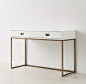 RH TEEN's Avalon Desk :The sleek lines of our collection exemplify the sophisticated restraint of modernism, while its polished cast brass fittings – including recessed pulls and a metal base – take the composition in a stunning new direction.: 