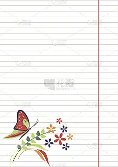 矢量空白的信件或贺卡。笔记本纸，白色的线条，蝴蝶和花与叶。A4格式大小。