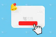 空白通知弹出与卡通社交媒体通知铃和新的消息图标，按按钮和Pixel手光标蓝色背景。3d渲染