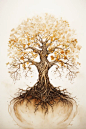 an illustration of a tree with many roots, in the style of light beige and bronze, celtic knotwork, atmospheric watercolours, dark white and amber, hurufiyya, robby cavanaugh, tattoo-inspired