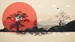 Ai产生的 河 日落 山 极简主义者 自然 艺术品 抽象