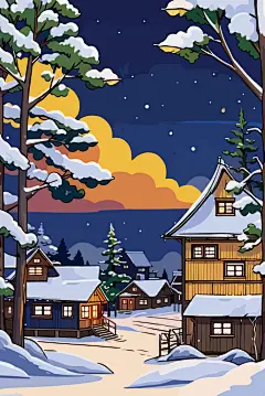 冬季森林夜晚小木屋