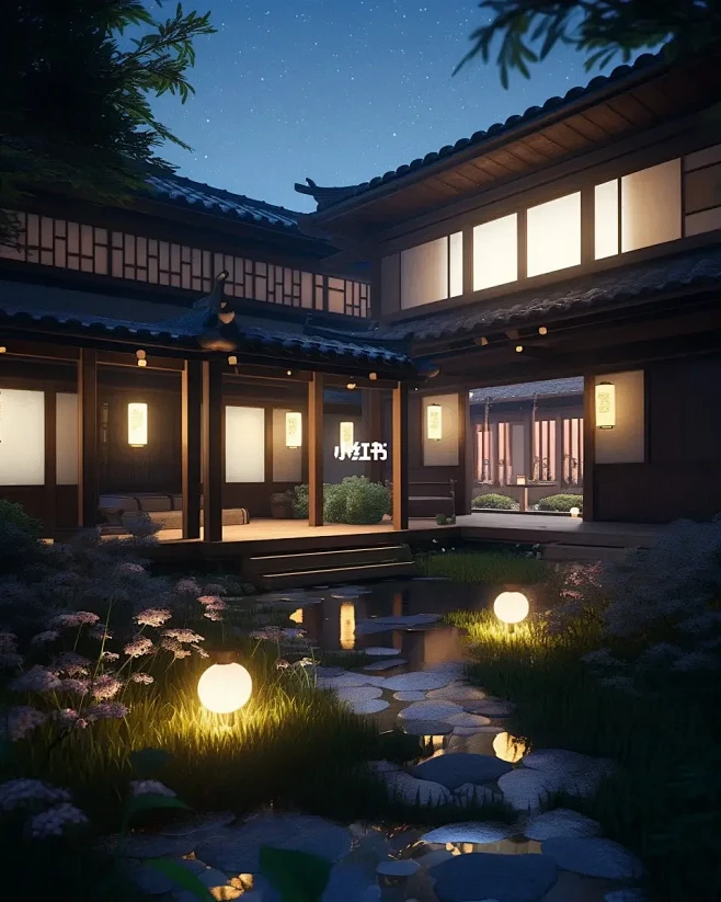 中式庭院夜景-花瓣网