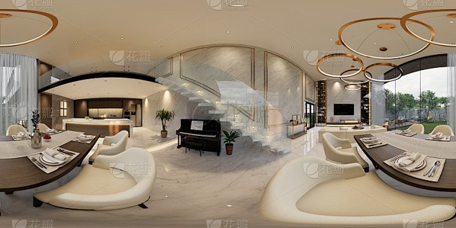 3d插图球形360 vr度，房间和公寓的无缝全景。室内设计3D渲染。接待处在一个现代化的全景房子。