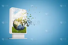 垂直广告牌的3d渲染与地球粉碎成碎片在蓝色的背景
