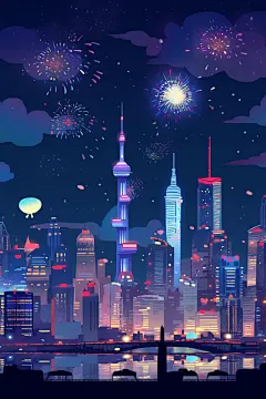 黑夜星空建筑漫画扁平风插画