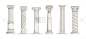 罗马柱。白色的古希腊大理石柱子。建筑元素集。用雕刻的石头装饰的建筑的一部分。古董柱廊。离子结构的矢量