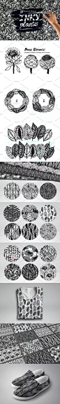 15个黑白手绘植物图案素材[EPS]  