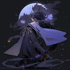 (1/4)一个女孩拿着一把剑，夜空中满月，风格类似于本尼迪克特·班纳，华丽的服装，浅紫色和深灰色，卡哇伊，陈珍，详细的面部特征，散乱的构图(AI绘图来自WeDraw.art)